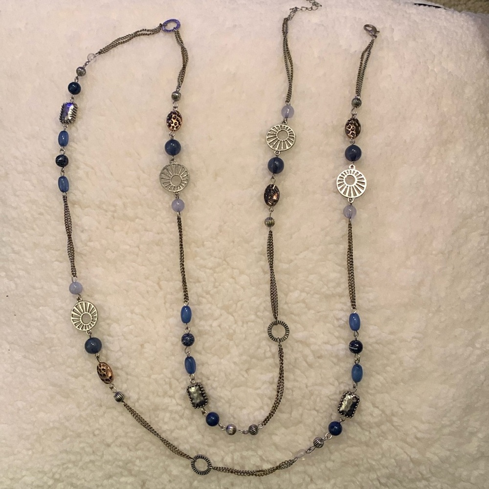Long blue and silver accent necklace